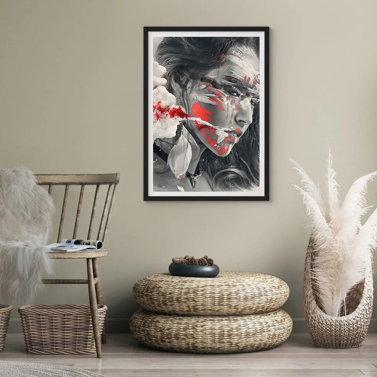 Plagát v čiernom ráme - Umelecký portrét s červeným akcentom - 50x70cm - V škárach absurdity - Moderná nástenná dekorácia do obývacej izby a spálne ARTTOR