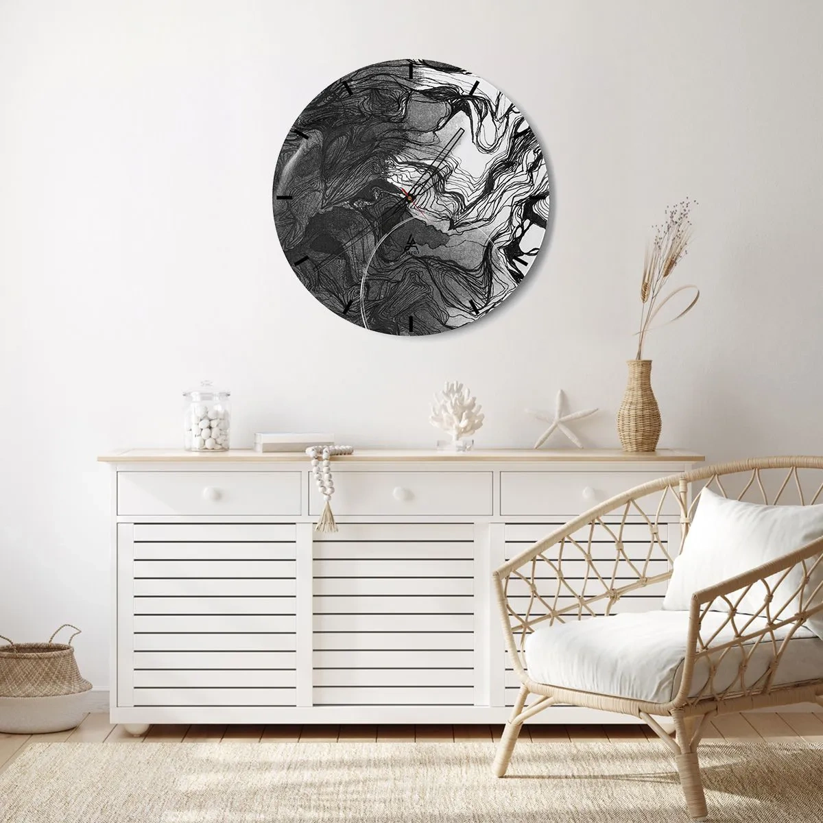 Nástenné hodiny - Čiernobiela abstrakcia s plynulými líniami a textúrou - 30x30cm - Zapletená v snoch - Moderná nástenná dekorácia do obývacej izby, kuchyne a spálne ARTTOR