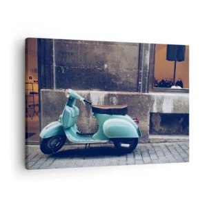 Obraz na plátne - Retro skúter zaparkovaný pri kamennom múre - 70x50cm - Nezabudnuteľná nálada - Moderná nástenná dekorácia do obývacej izby a spálne ARTTOR