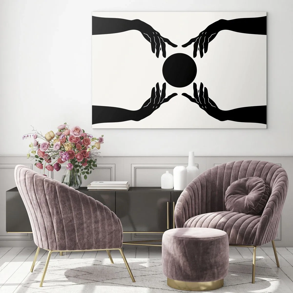 Obraz na skle - Čierne ruky okolo čierneho kruhu na svetlom pozadí - 70x50cm - Tajné znamenie - Moderná nástenná dekorácia do obývacej izby a spálne ARTTOR