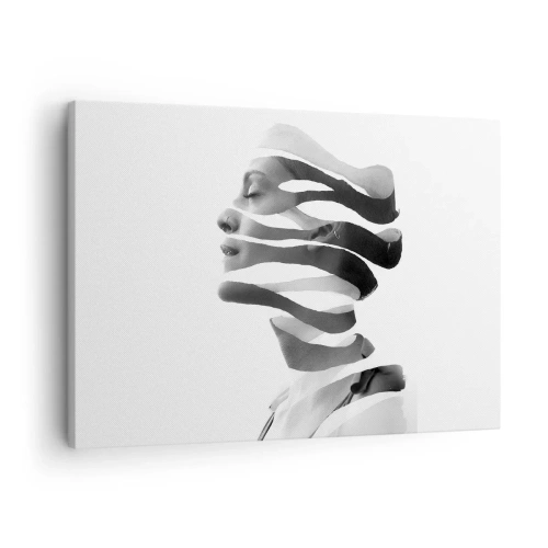 Obraz na plátne - Čiernobiely portrét ženy so surrealistickým pruhovaným efektom - 70x50cm - Surrealistický portrét - Moderná nástenná dekorácia do obývacej izby a spálne ARTTOR