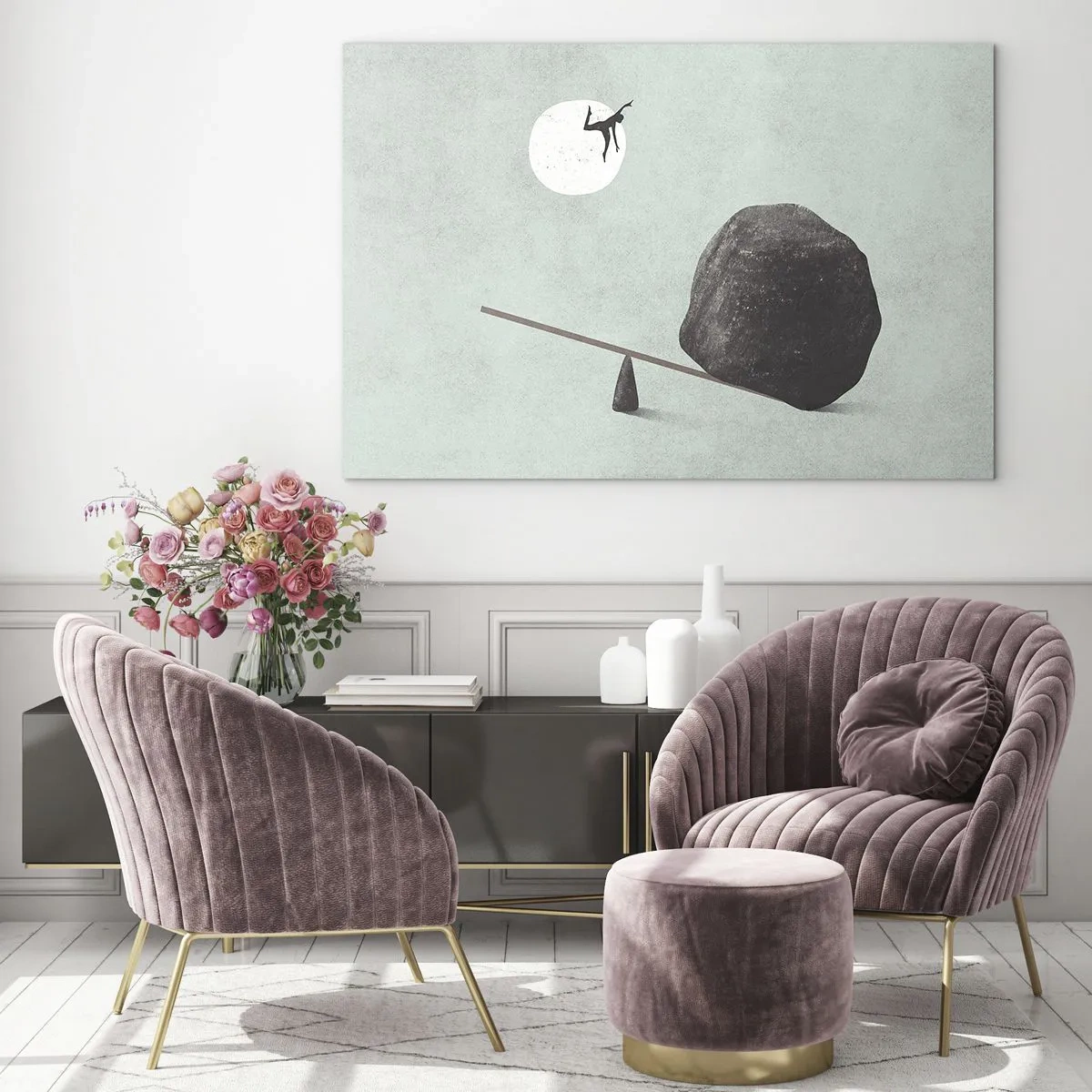 Obraz na skle - Minimalistická scéna s mužom letiacim k Mesiacu. - 70x50cm - Splnený sen - Moderná nástenná dekorácia do obývacej izby a spálne ARTTOR