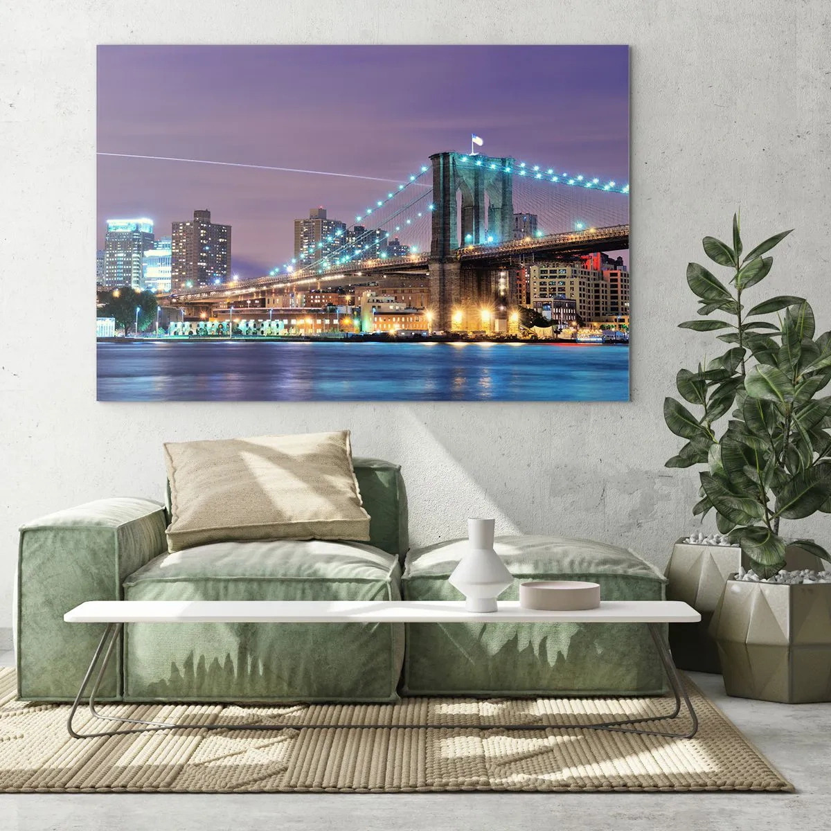 Obraz na skle - Brooklynský most v noci s osvetlenými vežami a mestom - 70x50cm - Po veľa rokov Brooklynský most - Moderná nástenná dekorácia do obývacej izby a spálne ARTTOR