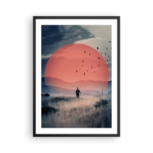 Plagát v čiernom ráme - Muž kráčajúci cez pole proti červenému slnku - 50x70cm - Vo svojom živle - Moderná nástenná dekorácia do obývacej izby a spálne ARTTOR