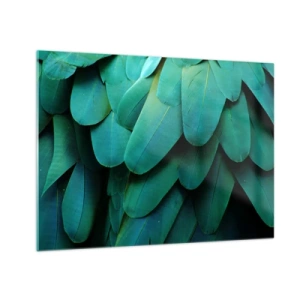 Obraz na skle - Detailný záber na intenzívne zelené perie papagája. - 70x50cm - Presnosť papagájovej povahy - Moderná nástenná dekorácia do obývacej izby a spálne ARTTOR