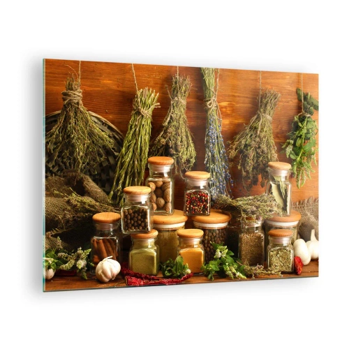 Obraz na skle - Bylinky a koreniny v pohároch na drevenom pozadí - 70x50cm - Kuchynské kúzla - Moderná nástenná dekorácia do obývacej izby a spálne ARTTOR