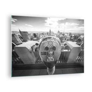 Obraz na skle - Čiernobiely pohľad na New York pomocou pozorovacieho ďalekohľadu - 70x50cm - Mesto nad mestami - Moderná nástenná dekorácia do obývacej izby a spálne ARTTOR