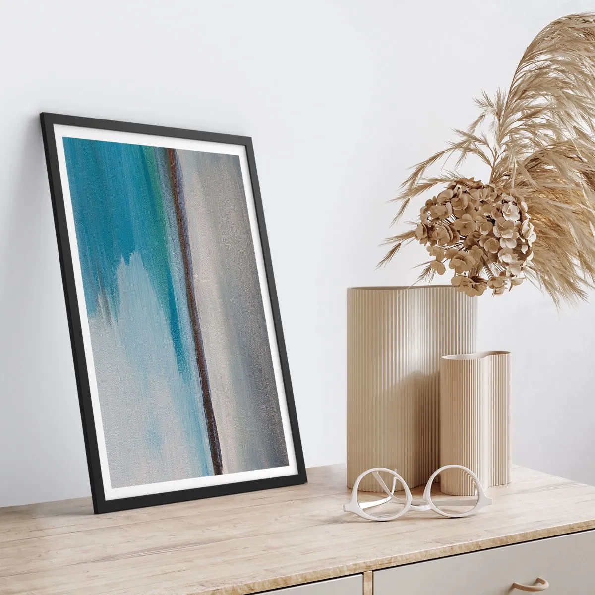 Plagát v čiernom ráme - Abstraktná krajina v odtieňoch modrej a sivej - 50x70cm - Horizontálna krajina - Moderná nástenná dekorácia do obývacej izby a spálne ARTTOR