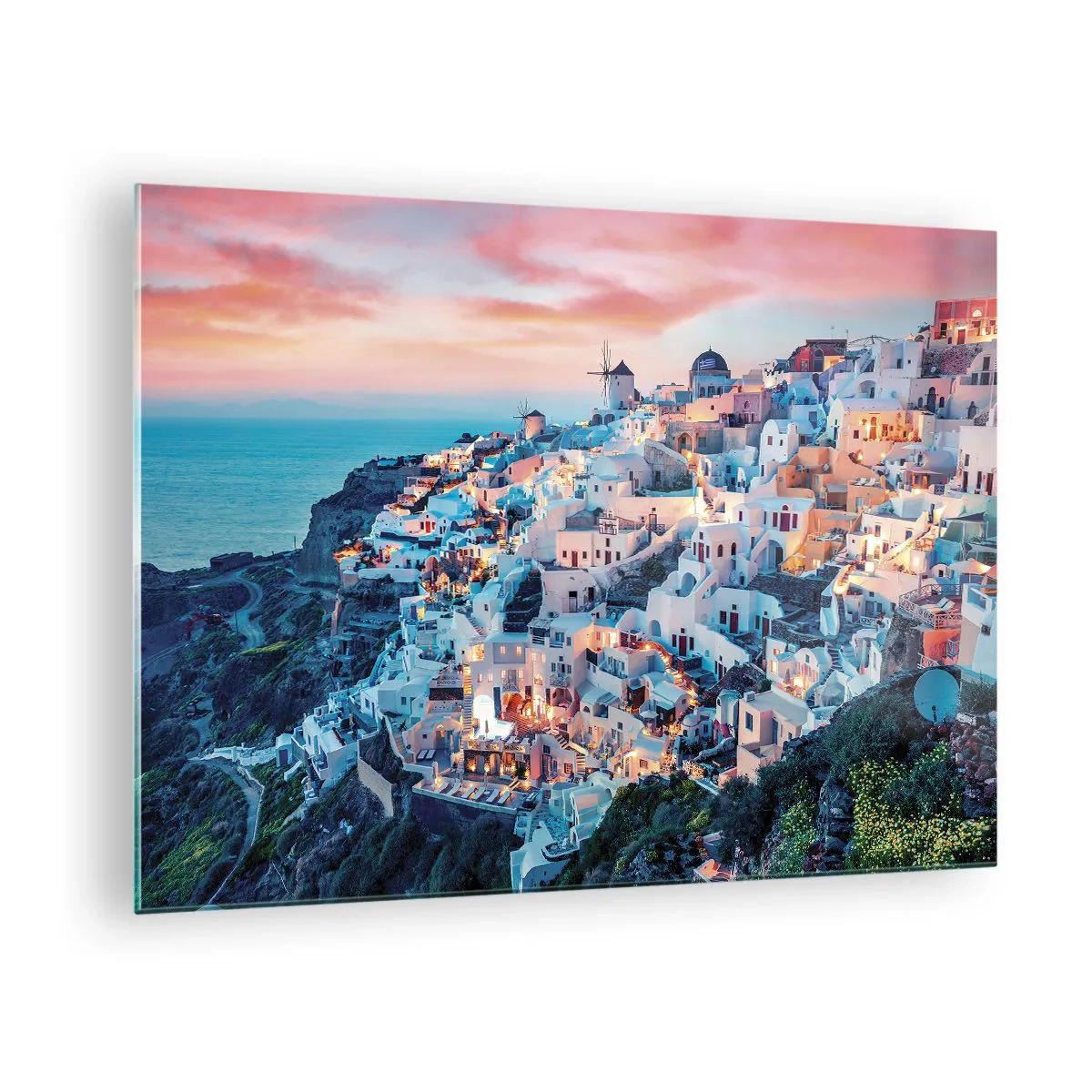 Obraz na skle - Grécke útesové mesto za súmraku s výhľadom na more - 70x50cm - Tvoja tučná grécka dovolenka - Moderná nástenná dekorácia do obývacej izby a spálne ARTTOR