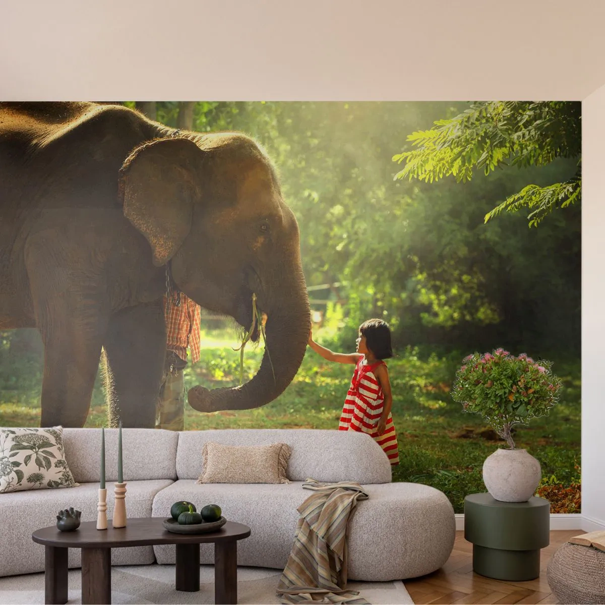 Fototapeta Premium Sand - Sila priateľstva - Zvieratá, Slon, Dievča - 100x70 cm