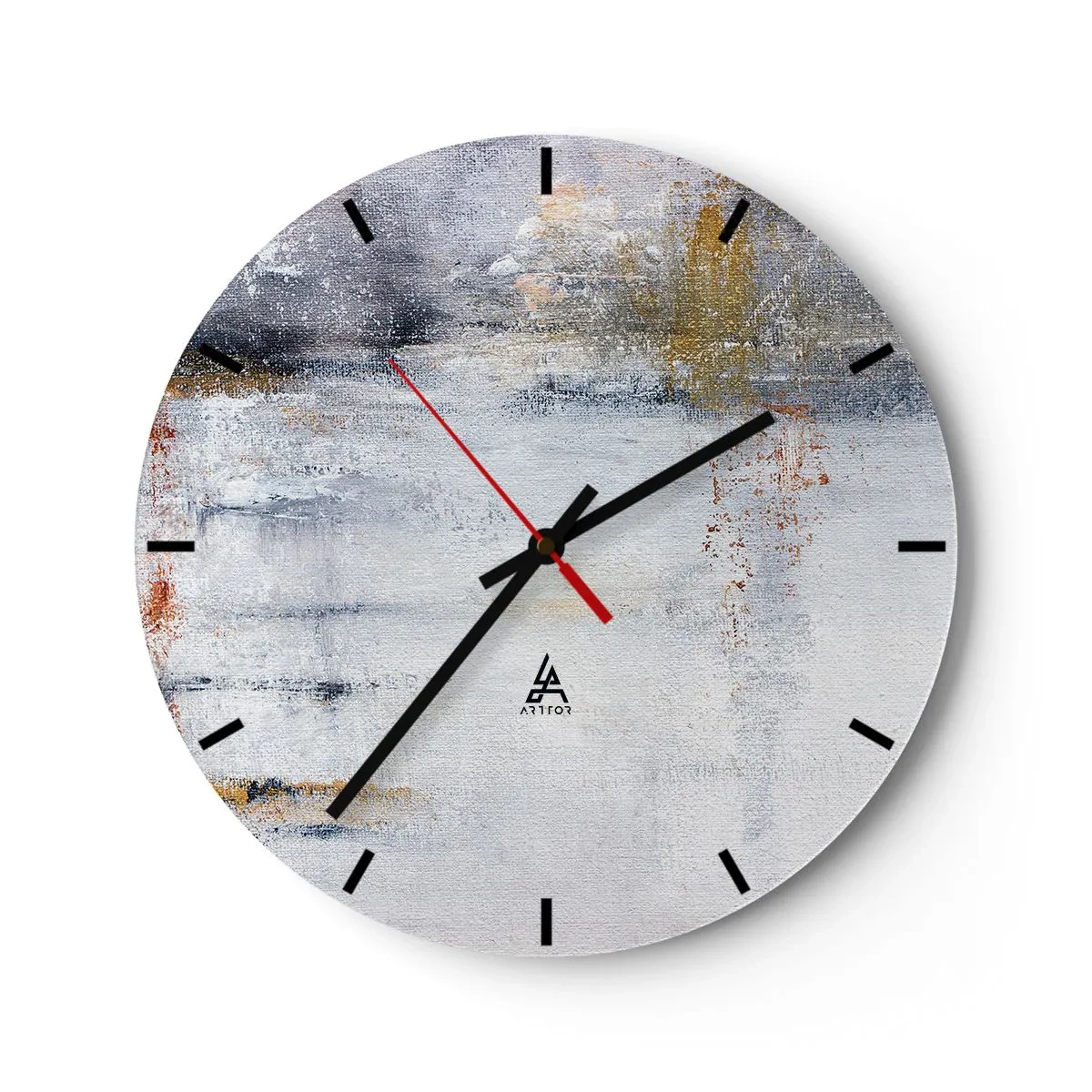 Nástenné hodiny - Abstraktná kompozícia v odtieňoch sivej a zlatej. - 30x30cm - Za závojom vzduchu - Moderná nástenná dekorácia do obývacej izby, kuchyne a spálne ARTTOR
