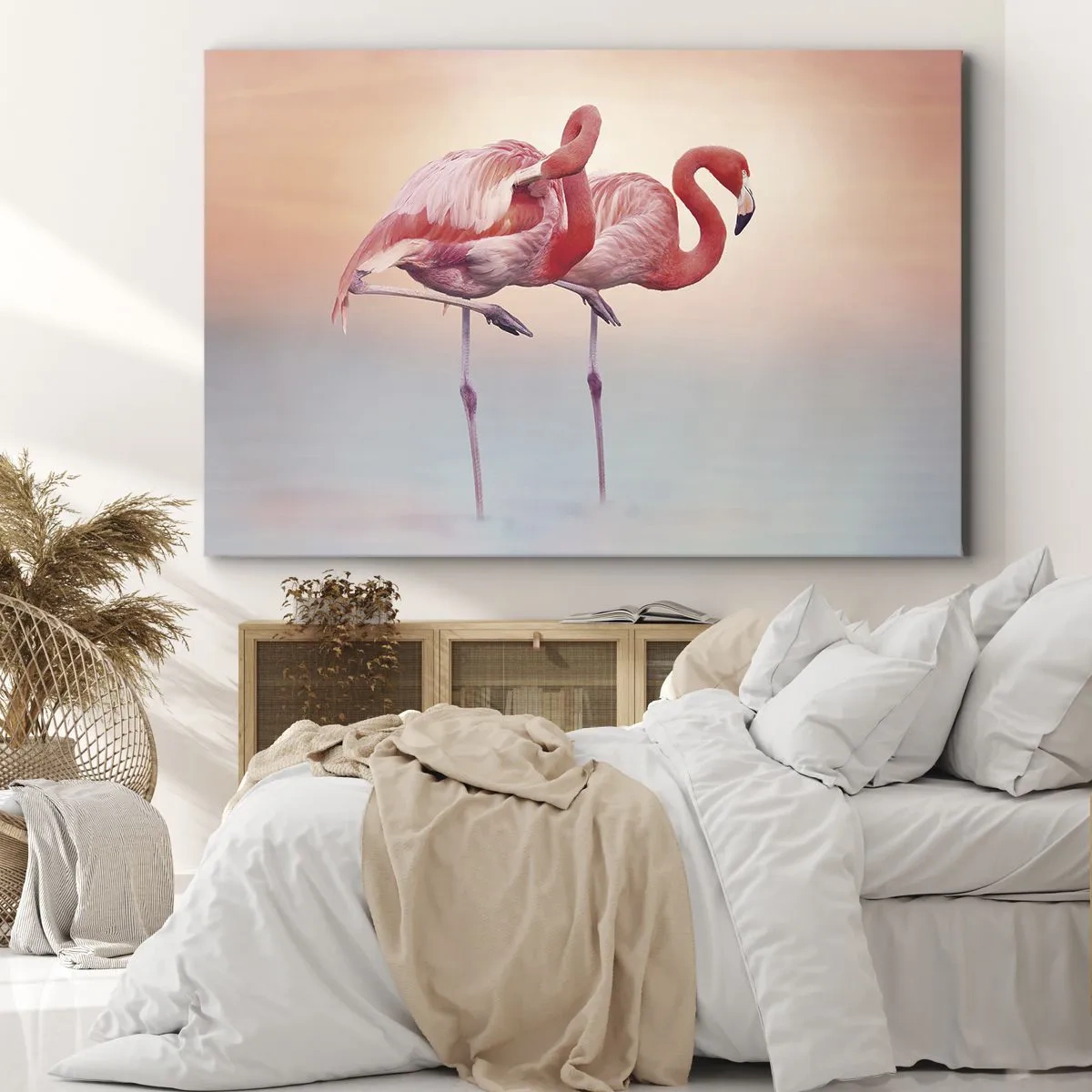 Obraz na plátne - Plameniaky v jemných pastelových farbách na vodnom pozadí - 70x50cm - Vo farbe zapadajúceho slnka - Moderná nástenná dekorácia do obývacej izby a spálne ARTTOR