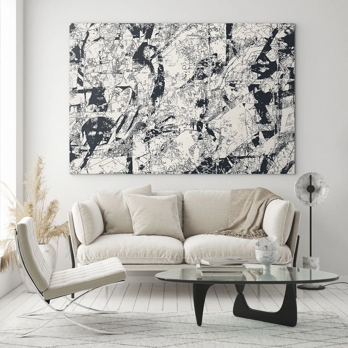 Obraz na skle - Čiernobiela abstrakcia s dynamickými líniami a textúrami - 70x50cm - Prelínanie protikladov - Moderná nástenná dekorácia do obývacej izby a spálne ARTTOR
