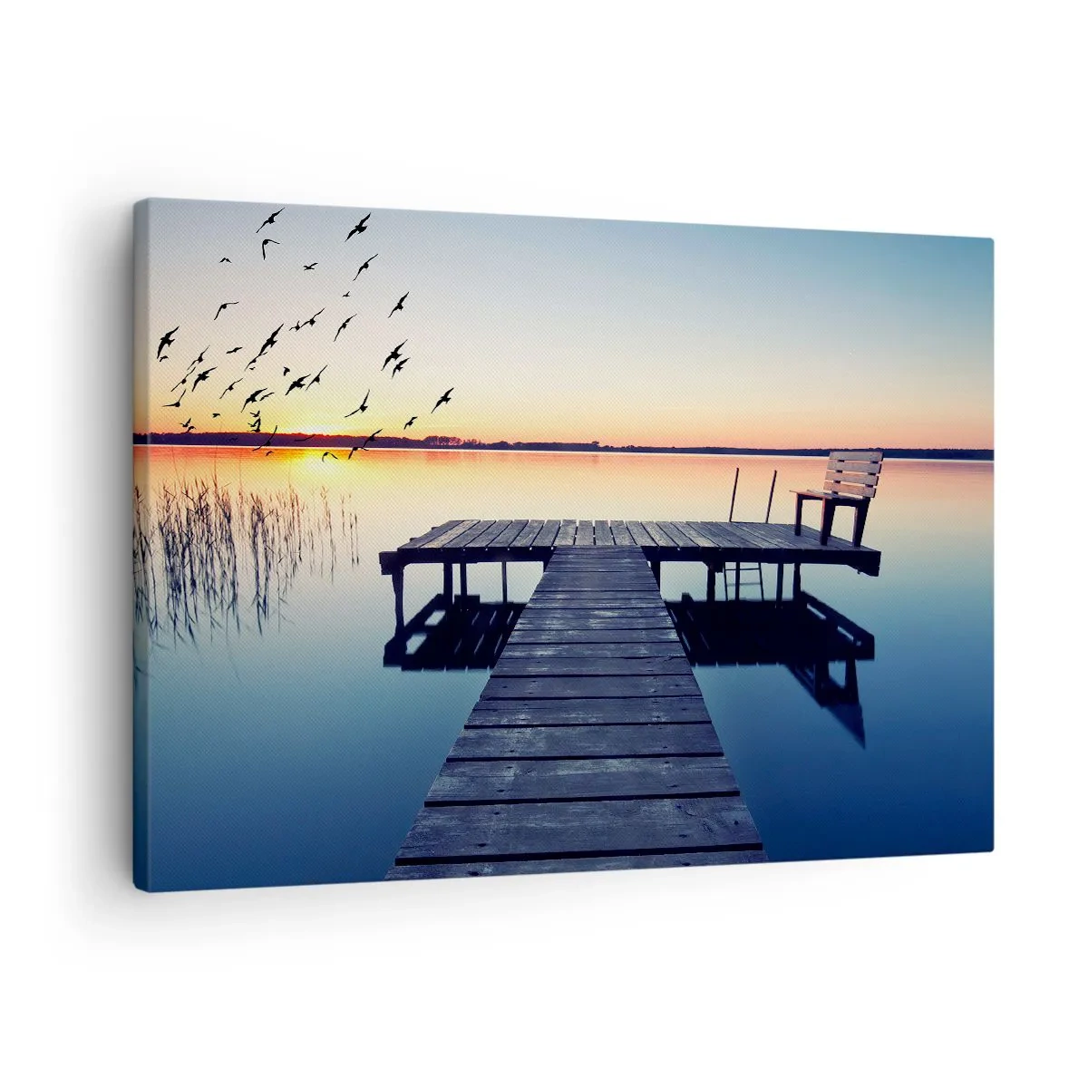 Obraz na plátne - Drevené mólo na jazere pri východe slnka s vtákmi - 70x50cm - To bol dobrý deň - Moderná nástenná dekorácia do obývacej izby a spálne ARTTOR