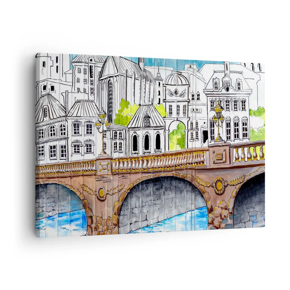 Obraz na plátne - Kresba mosta a historickej mestskej architektúry - 70x50cm - Mesto ako maľované - Moderná nástenná dekorácia do obývacej izby a spálne ARTTOR
