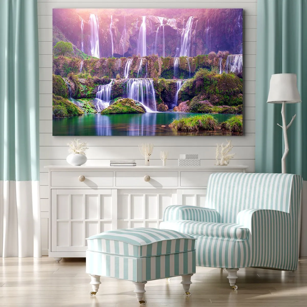 Obraz na plátne - Vodopády obklopené zeleňou s pastelovým osvetlením - 70x50cm - Schody do neba - Moderná nástenná dekorácia do obývacej izby a spálne ARTTOR