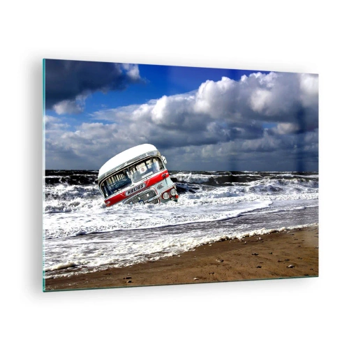 Obraz na skle - Starý autobus vo vodách rozbúreného mora - 70x50cm - A čomu sa čuduješ? - Moderná nástenná dekorácia do obývacej izby a spálne ARTTOR