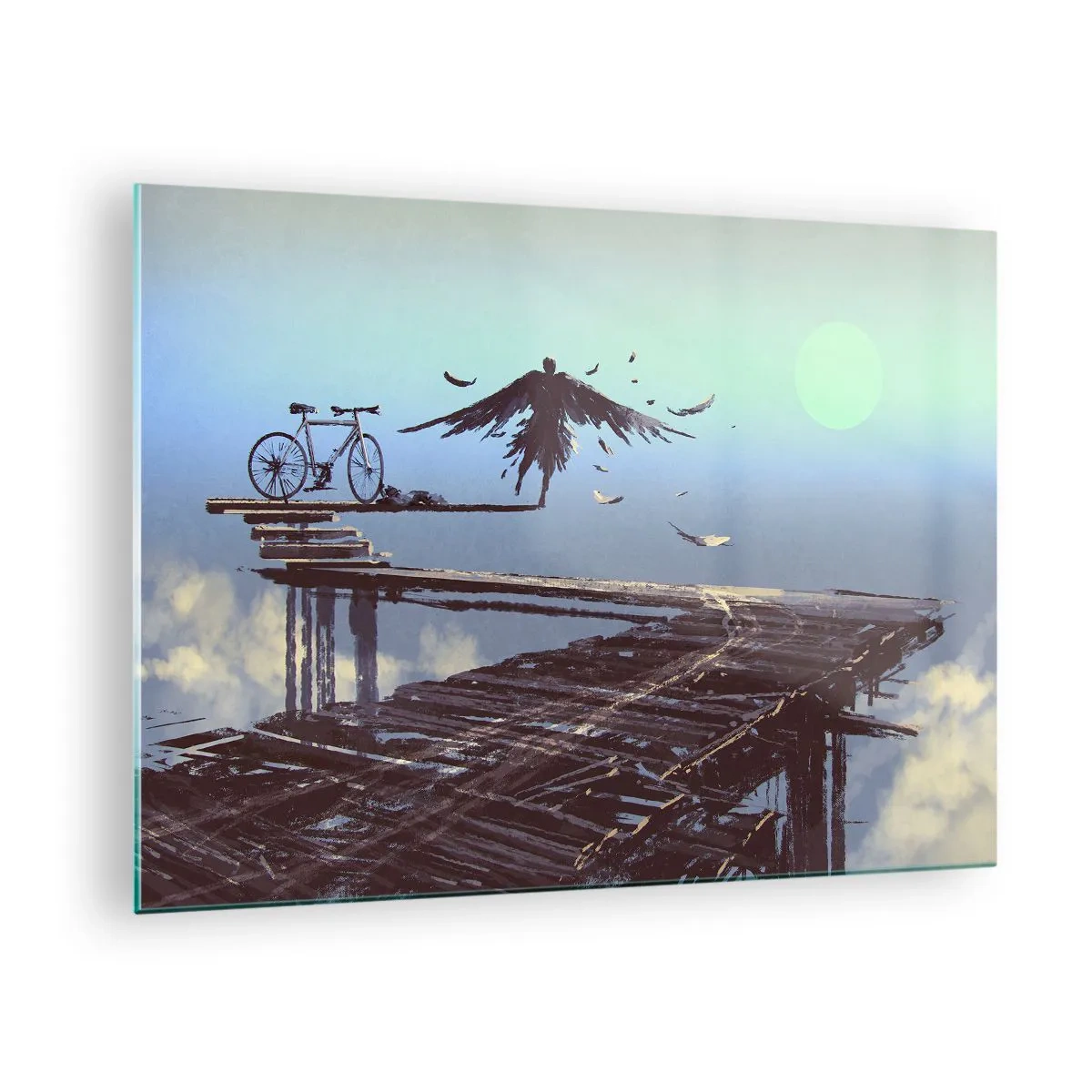 Obraz na skle - Postava s bicyklom na drevenom moste nad oblakmi - 70x50cm - Ikaros večne živý - Moderná nástenná dekorácia do obývacej izby a spálne ARTTOR
