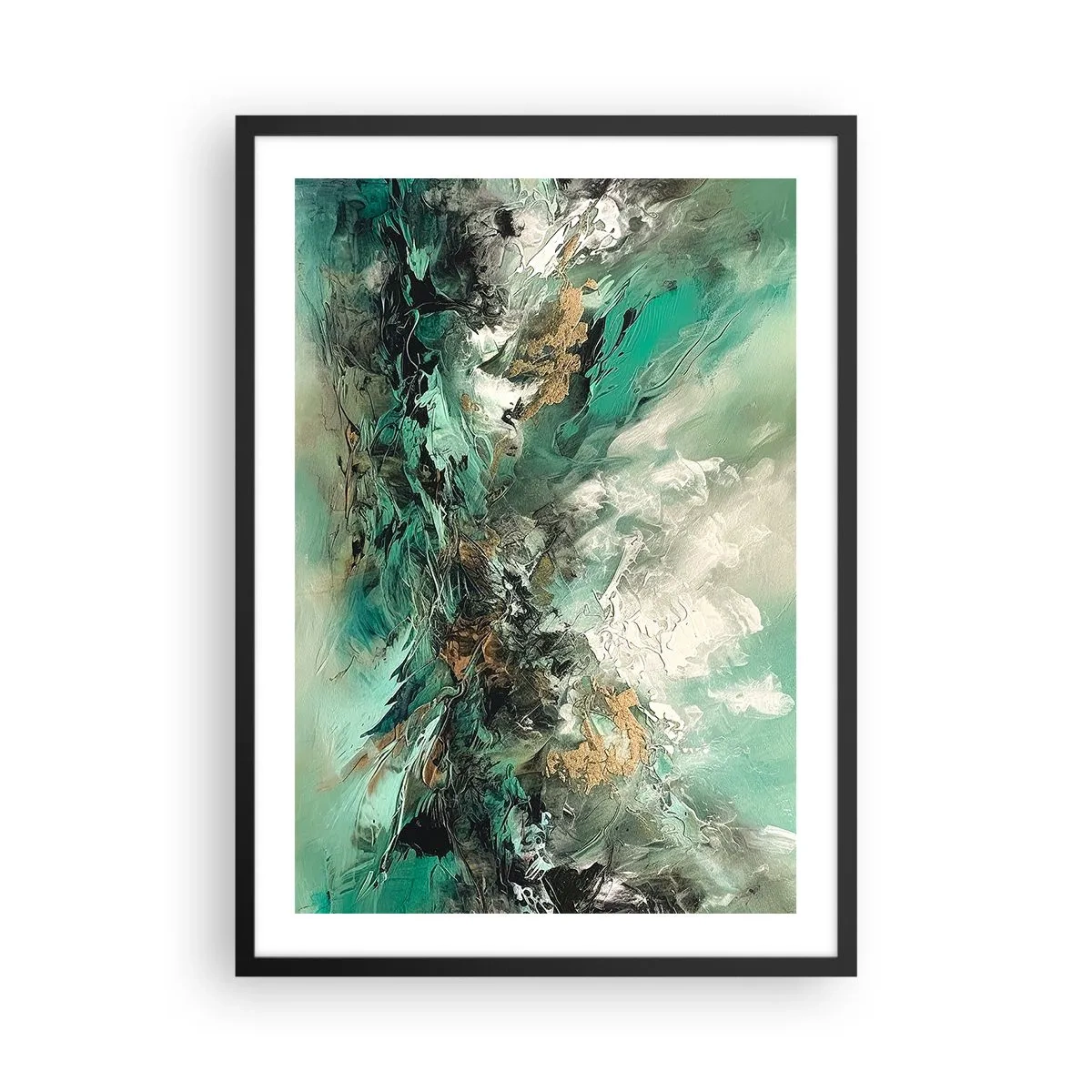 Plagát v čiernom ráme - Abstraktná kompozícia v odtieňoch zelenej a zlatej - 50x70cm - Smaragdovočierne vlnobitie - Moderná nástenná dekorácia do obývacej izby a spálne ARTTOR