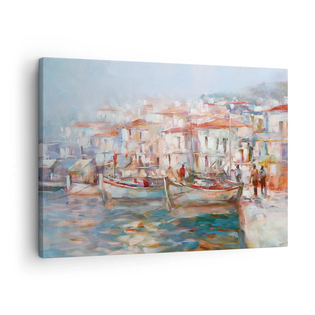 Obraz na plátne - Dojem z prístavu s loďami a budovami - 70x50cm - Pastelová dovolenka - Moderná nástenná dekorácia do obývacej izby a spálne ARTTOR