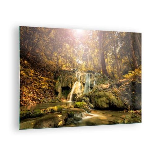 Obraz na skle - Lesná kaskáda v zeleni - 70x50cm - Lesný vodopád v zeleni - Moderná nástenná dekorácia do obývacej izby a spálne ARTTOR