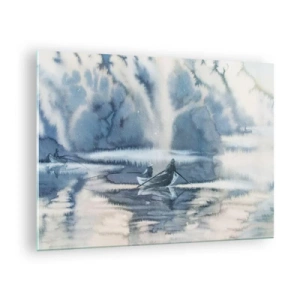 Obraz na skle - Dvaja rybári na lodi obklopení hmlistou krajinou - 70x50cm - Rybári vo svojom raji - Moderná nástenná dekorácia do obývacej izby a spálne ARTTOR