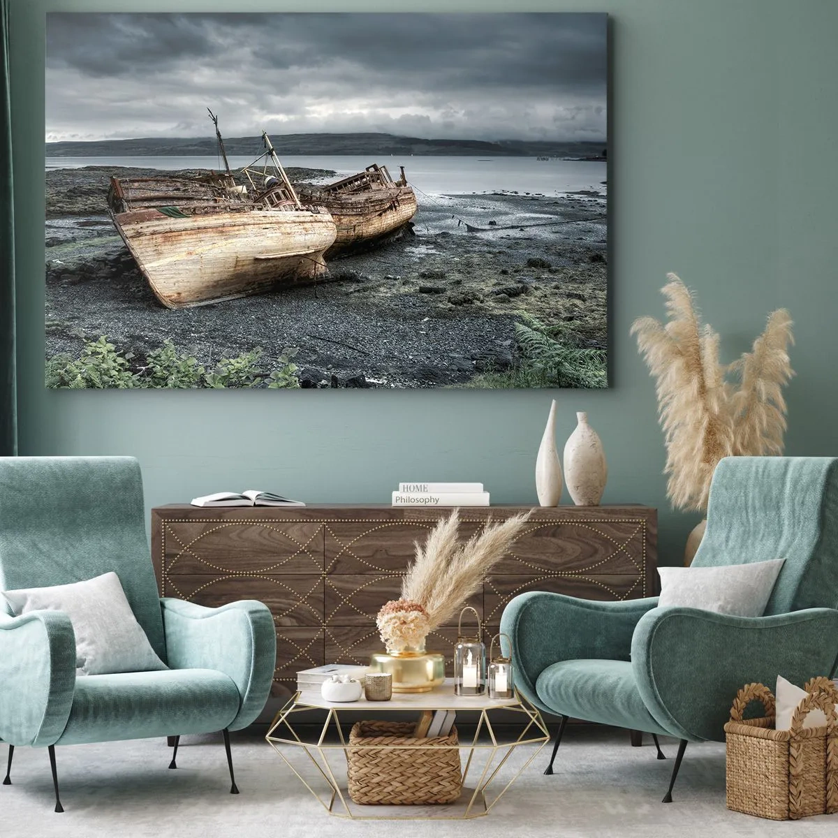 Obraz na plátne - Opustené lode na brehu v daždivom prostredí - 70x50cm - „Na znamenie dôstojne vynaloženého úsilia“ - Moderná nástenná dekorácia do obývacej izby a spálne ARTTOR