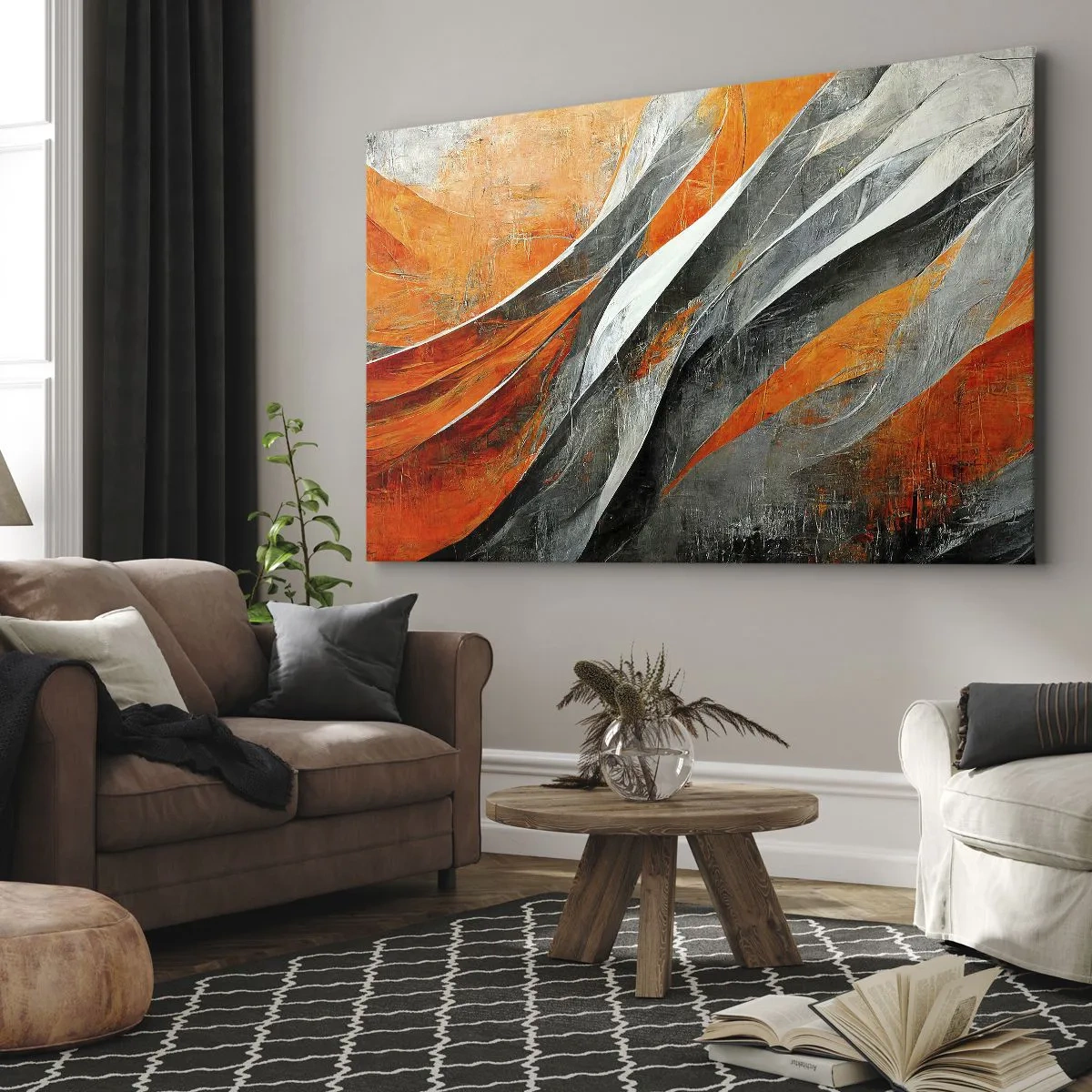 Obraz na plátne - Abstraktné čiary v odtieňoch oranžovej a sivej - 70x50cm - Žiar a chlad - Moderná nástenná dekorácia do obývacej izby a spálne ARTTOR