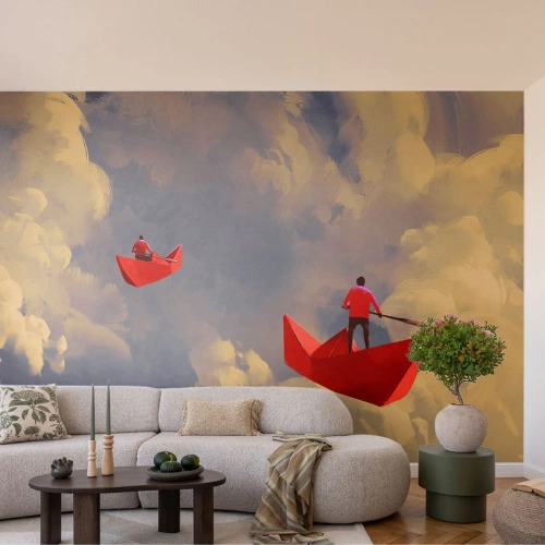 Fototapeta Standard Eco - Surrealistická scéna s plávajúcimi loďkami - 100x70cm - Výprava rojkov - Moderná nástenná dekorácia do obývacej izby a spálne ARTTOR