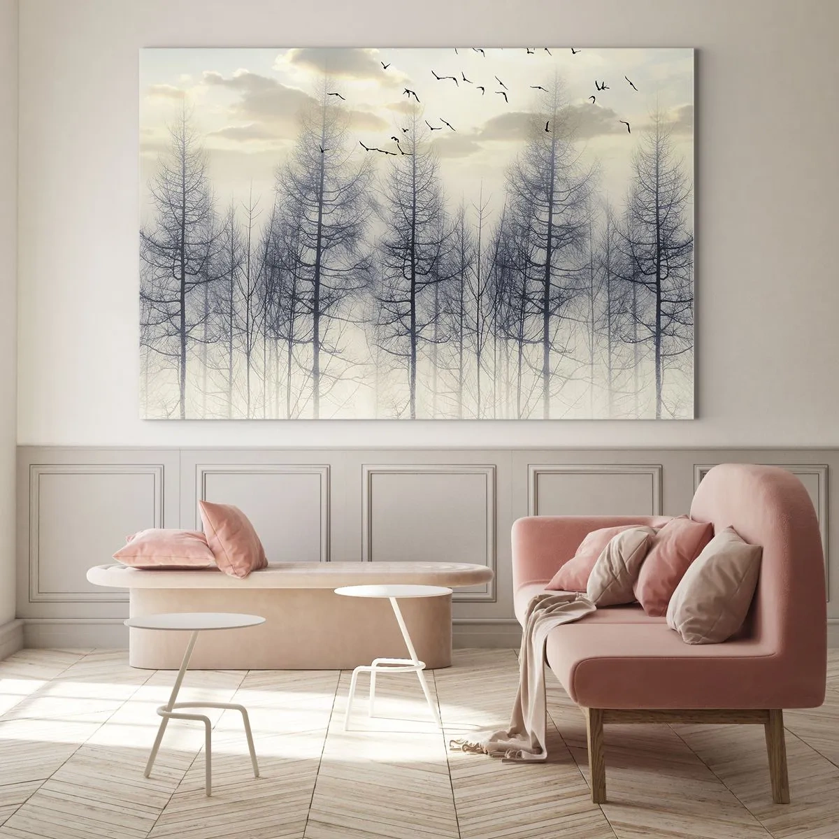 Obraz na skle - Hmlistý les s vtákmi, osvetlený vychádzajúcim slnkom - 70x50cm - Duchovia lesa - Moderná nástenná dekorácia do obývacej izby a spálne ARTTOR
