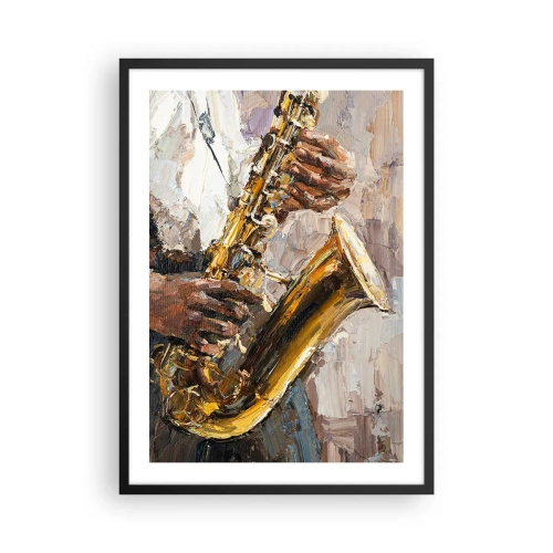 Plagát v čiernom ráme - Saxofonista hrajúci v umeleckom maliarskom štýle - 50x70cm - Čas na sólovú hru - Moderná nástenná dekorácia do obývacej izby a spálne ARTTOR