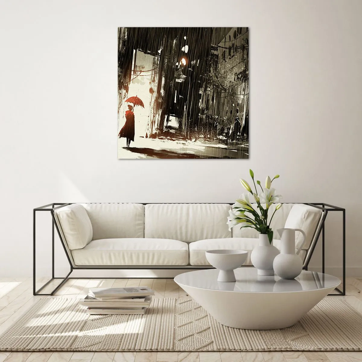 Obraz na skle - Poézia červeného dáždnika - 60x60 cm