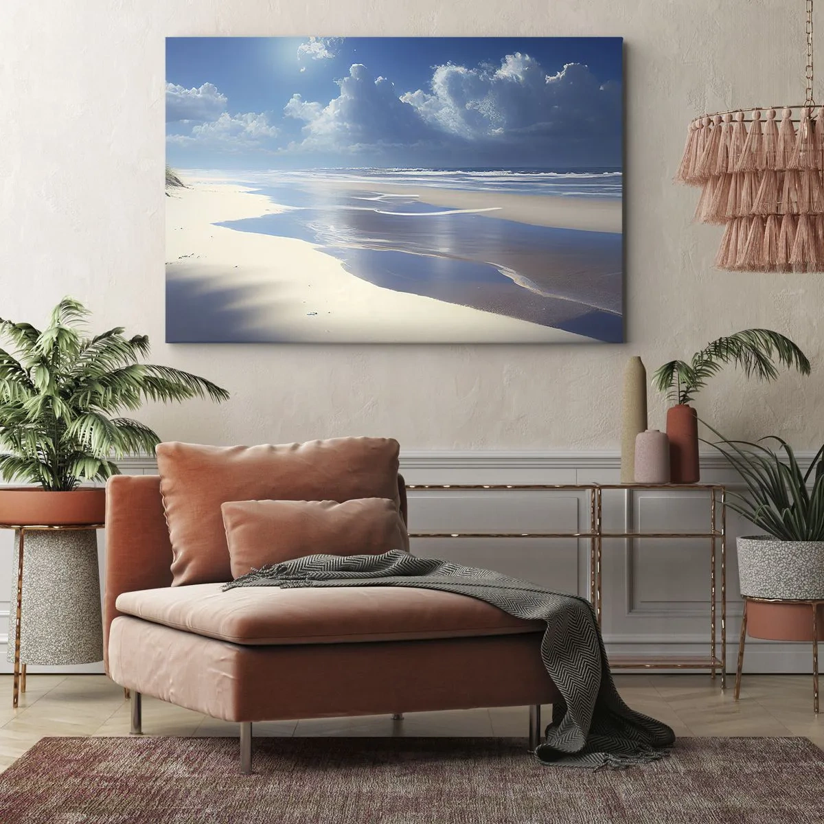 Obraz na plátne - Piesočnatá pláž s vlnami pod modrou oblohou - 70x50cm - Dovolenka v raji - Moderná nástenná dekorácia do obývacej izby a spálne ARTTOR