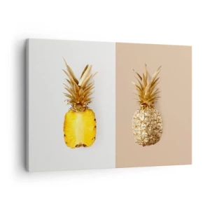 Obraz na plátne - Polovica čerstvého, zlatého ananásu na kontrastnom pozadí - 70x50cm - Ananás pre nás - Moderná nástenná dekorácia do obývacej izby a spálne ARTTOR