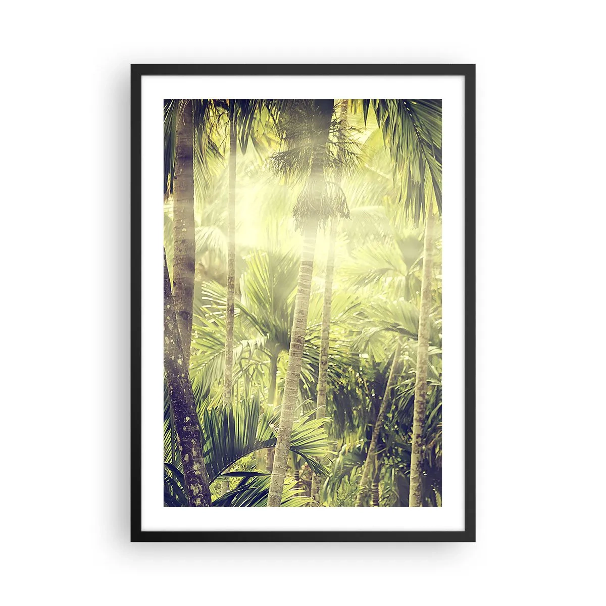 Plagát v čiernom ráme - Tropický les so slnečnými lúčmi v pozadí - 50x70cm - V zelenej žiare - Moderná nástenná dekorácia do obývacej izby a spálne ARTTOR