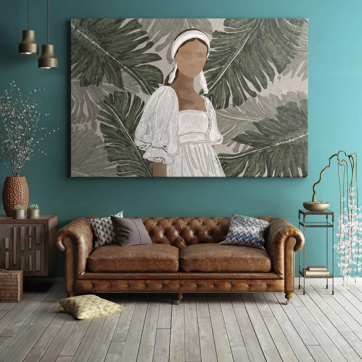 Obraz na plátne - Portrét ženy v bielych šatách na pozadí listov monstery - 70x50cm - Exotický portrét - Moderná nástenná dekorácia do obývacej izby a spálne ARTTOR