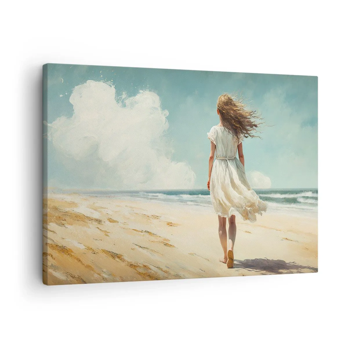 Obraz na plátne - Žena v bielych šatách kráčajúca po pláži za slnečného dňa - 70x50cm - Smerom ku slnku a vetru - Moderná nástenná dekorácia do obývacej izby a spálne ARTTOR
