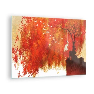 Obraz na skle - Červené listy, osamelý strom a vtáky v jesennej scenérii - 70x50cm - Poletí s nimi? - Moderná nástenná dekorácia do obývacej izby a spálne ARTTOR