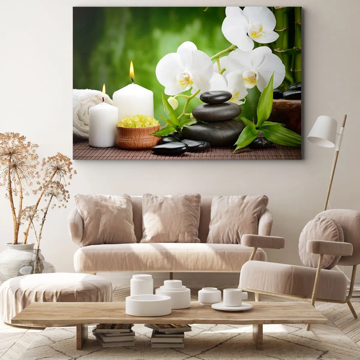 Obraz na plátne - Orchidey, sviečky a kamene obklopené prírodou - 70x50cm - Voňavý, kvetinový, jemný dotyk - Moderná nástenná dekorácia do obývacej izby a spálne ARTTOR