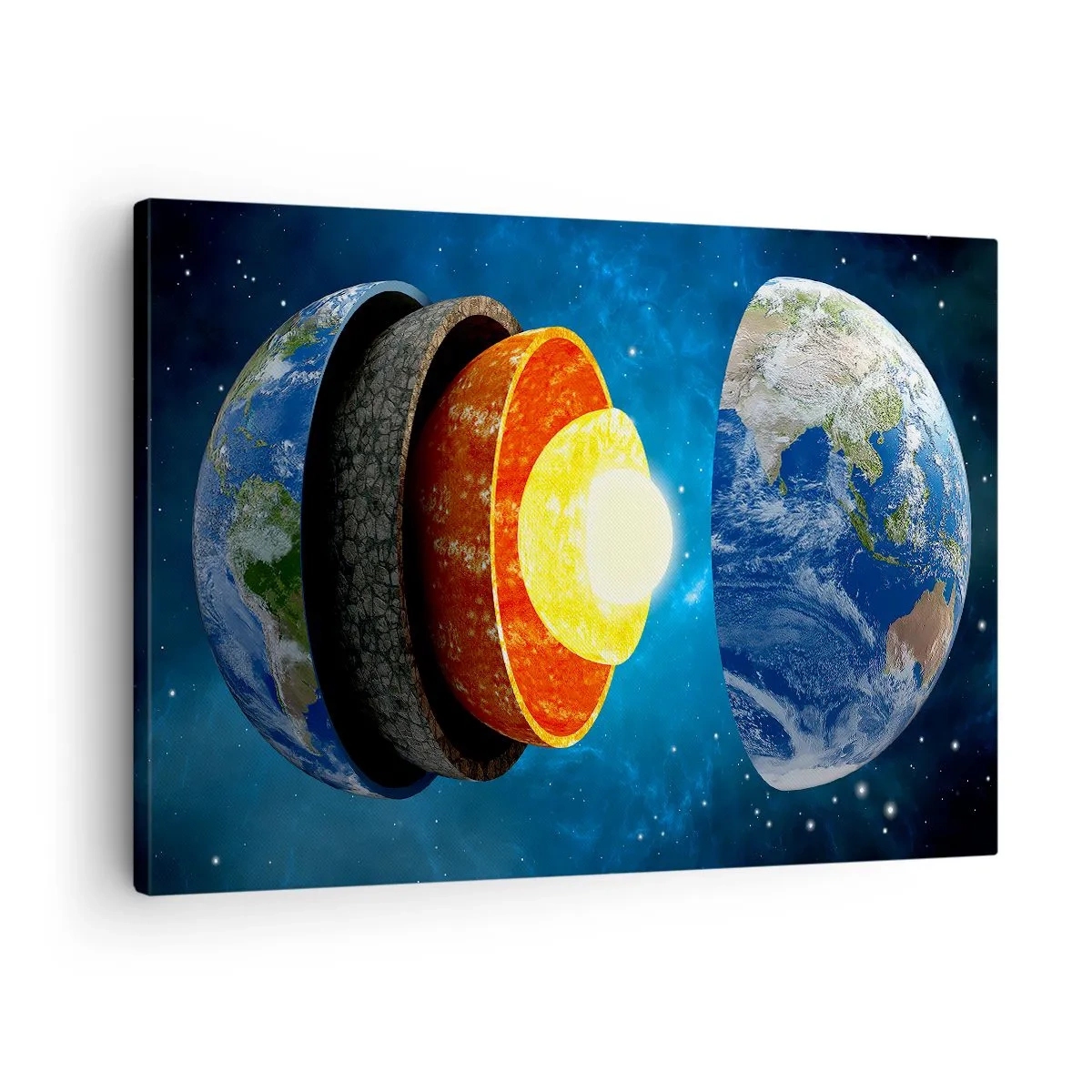 Obraz na plátne - Prierez Zeme zobrazujúci jej vrstvy vo vesmíre. - 70x50cm - Výprava do stredu Zeme - Moderná nástenná dekorácia do obývacej izby a spálne ARTTOR