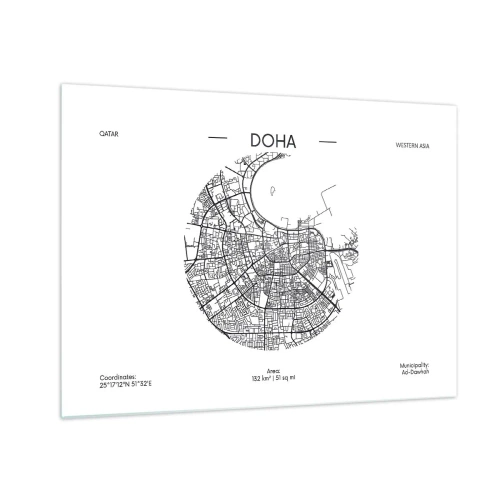 Obraz na skle - Grafická mapa Dauhy v čiernobielom minimalistickom štýle. - 70x50cm - Anatómia Dauhy - Moderná nástenná dekorácia do obývacej izby a spálne ARTTOR