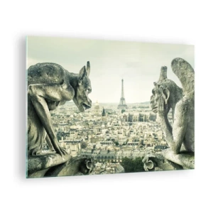 Obraz na skle - Chrliče nad Parížom s výhľadom na Eiffelovu vežu - 70x50cm - Parížske rozprávanie - Moderná nástenná dekorácia do obývacej izby a spálne ARTTOR