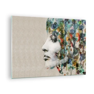 Obraz na skle - Portrét ženy s abstraktnými farebnými akcentmi - 70x50cm - Vynorila sa zo šedej - Moderná nástenná dekorácia do obývacej izby a spálne ARTTOR