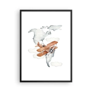 Plagát v čiernom ráme - Dvojplošník nad mapou sveta v oblakoch - 50x70cm - V priekopníckom duchu - Moderná nástenná dekorácia do obývacej izby a spálne ARTTOR