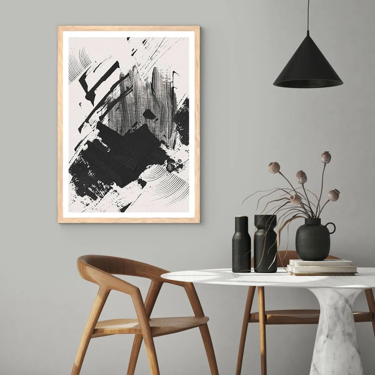 Plagát v ráme zo svetlého duba - Abstrakcia – expresia čiernej - 50x70 cm
