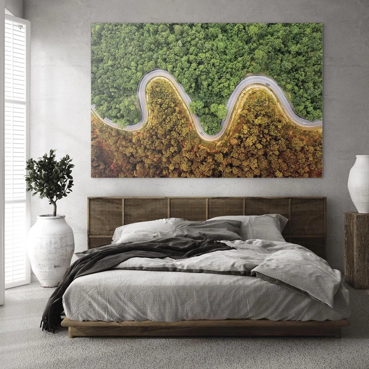 Obraz na skle - Kľukatá cesta cez hustý les z vtáčej perspektívy - 70x50cm - Hranice a prelomy - Moderná nástenná dekorácia do obývacej izby a spálne ARTTOR
