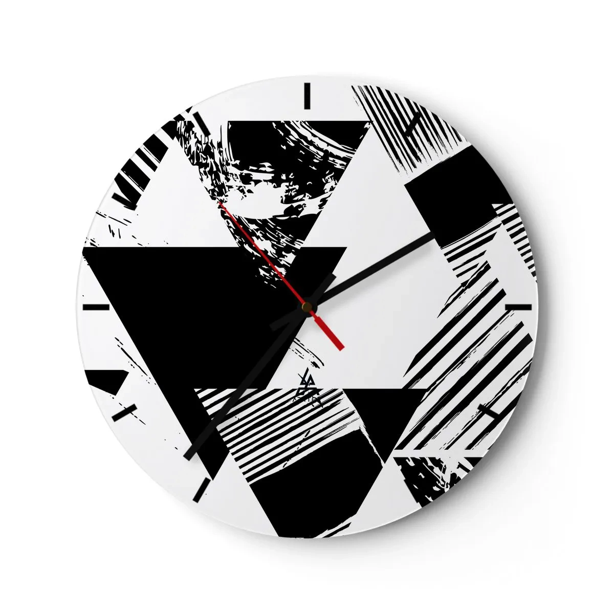 Nástenné hodiny - Čiernobiela geometrická kompozícia s trojuholníkmi - 30x30cm - Dážď trojuholníkov - Moderná nástenná dekorácia do obývacej izby, kuchyne a spálne ARTTOR