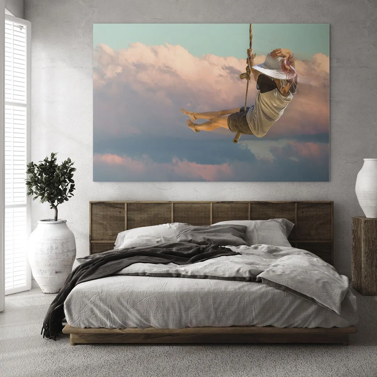 Obraz na skle - Dievča na hojdačke medzi ružovými oblakmi - 70x50cm - Hra v oblakoch - Moderná nástenná dekorácia do obývacej izby a spálne ARTTOR