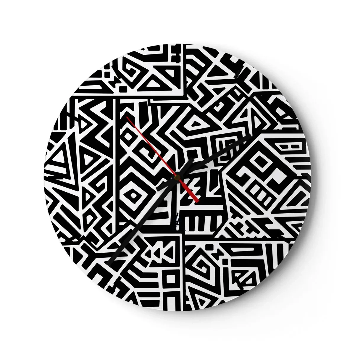 Nástenné hodiny - Čiernobiela kompozícia geometrických vzorov - 30x30cm - Predkolumbovská kompozícia - Moderná nástenná dekorácia do obývacej izby, kuchyne a spálne ARTTOR