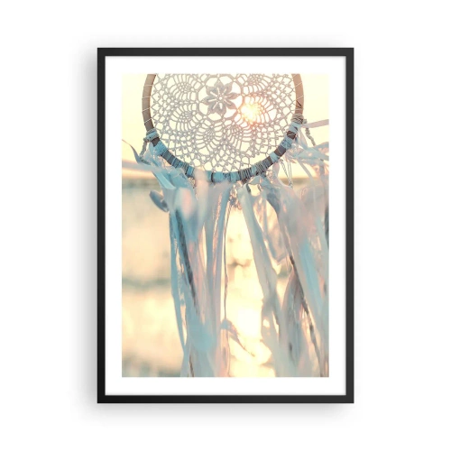 Plagát v čiernom ráme - Čipkovaný lapač snov v žiari zapadajúceho slnka so svetlým pozadím - 50x70cm - Čipkový totem - Moderná nástenná dekorácia do obývacej izby a spálne ARTTOR